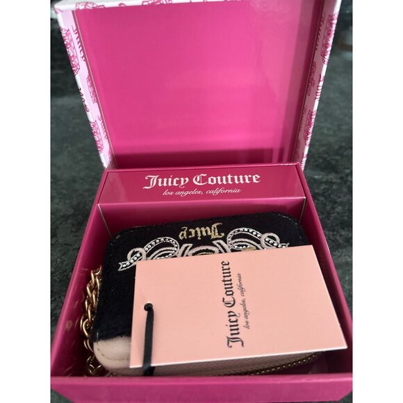 Juicy Couture Black Pink Velvet Crown Embroidered Coin Purse Gold Chain Charm - Picture 13 of 13